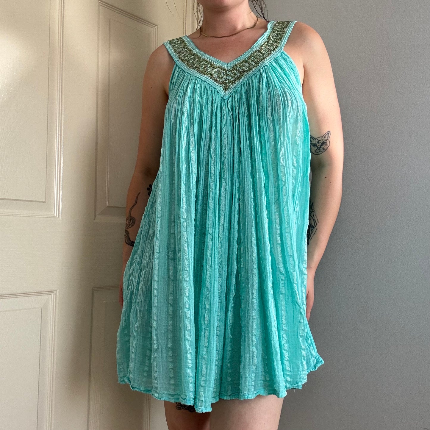vintage turquoise flowy babydoll mini dress