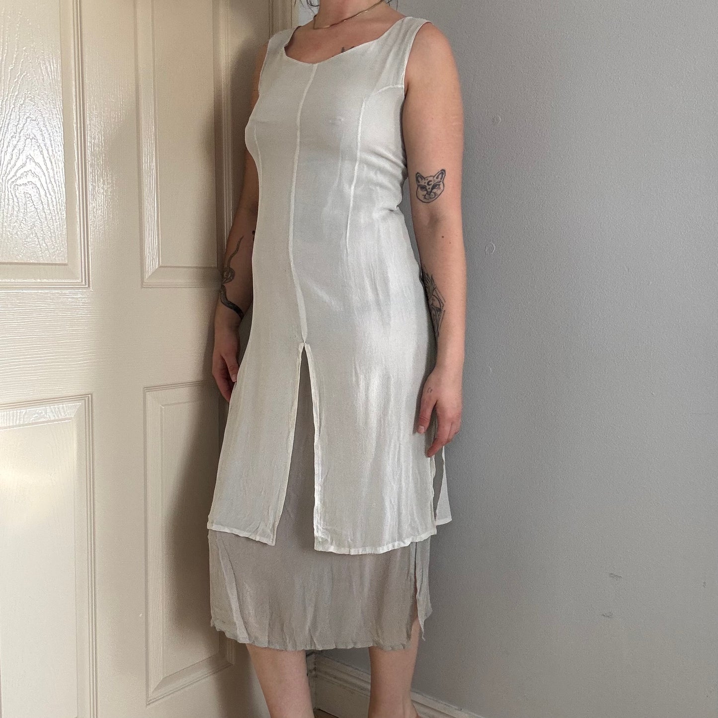 layered mesh midi dress