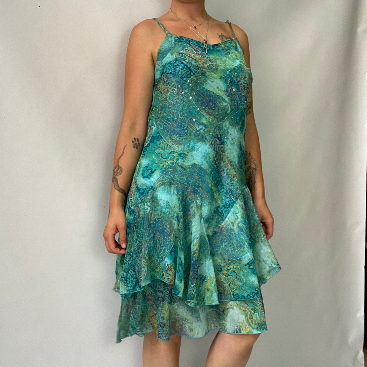 Fairy blue floral sequin mesh midi dress