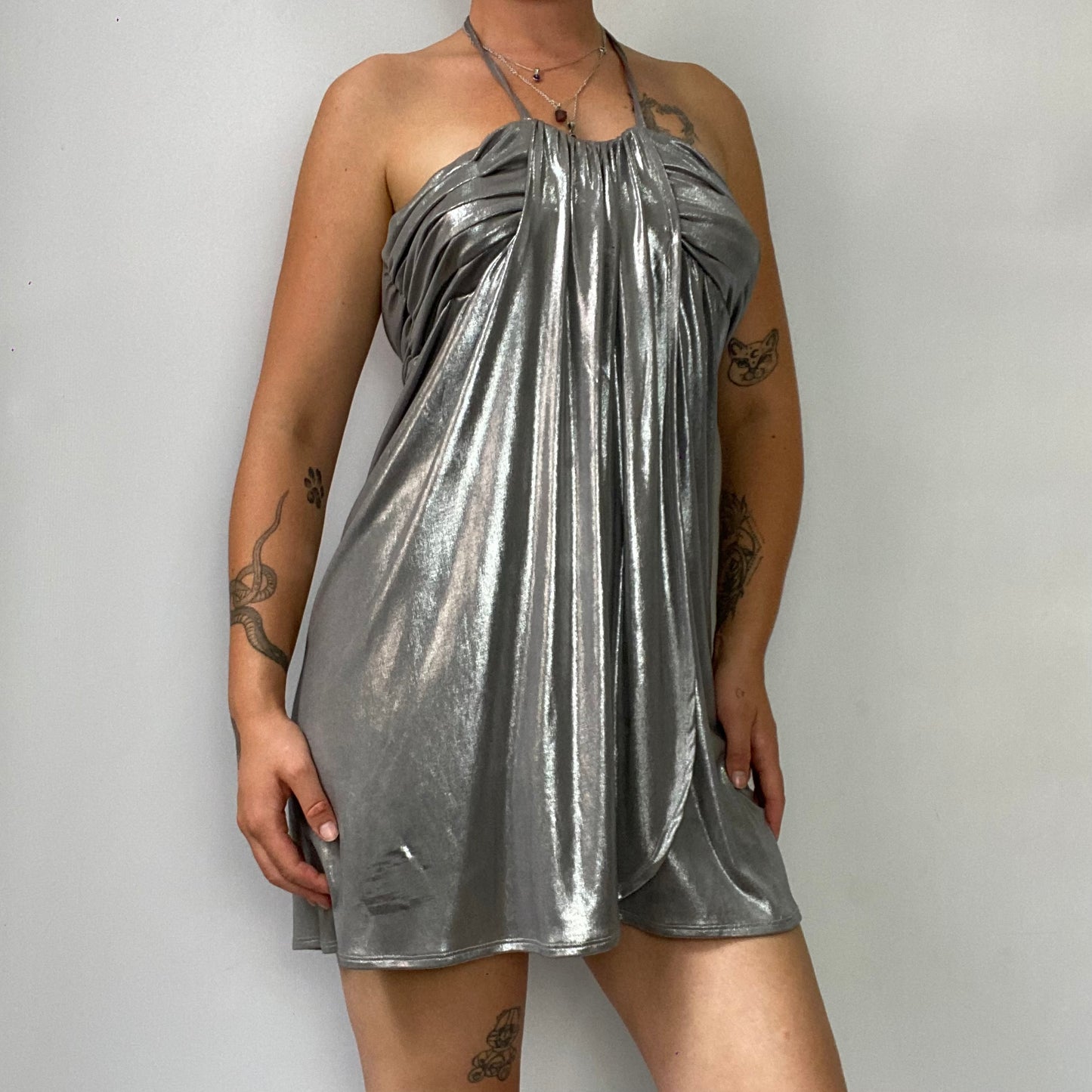 y2k metallic silver mini dress