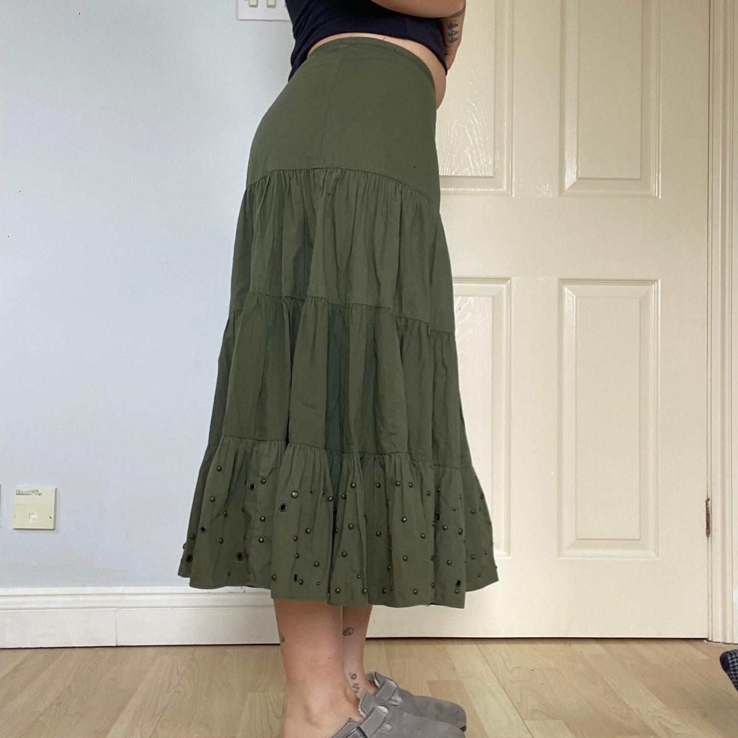 Boho tiered eyelet, studded maxi skirt