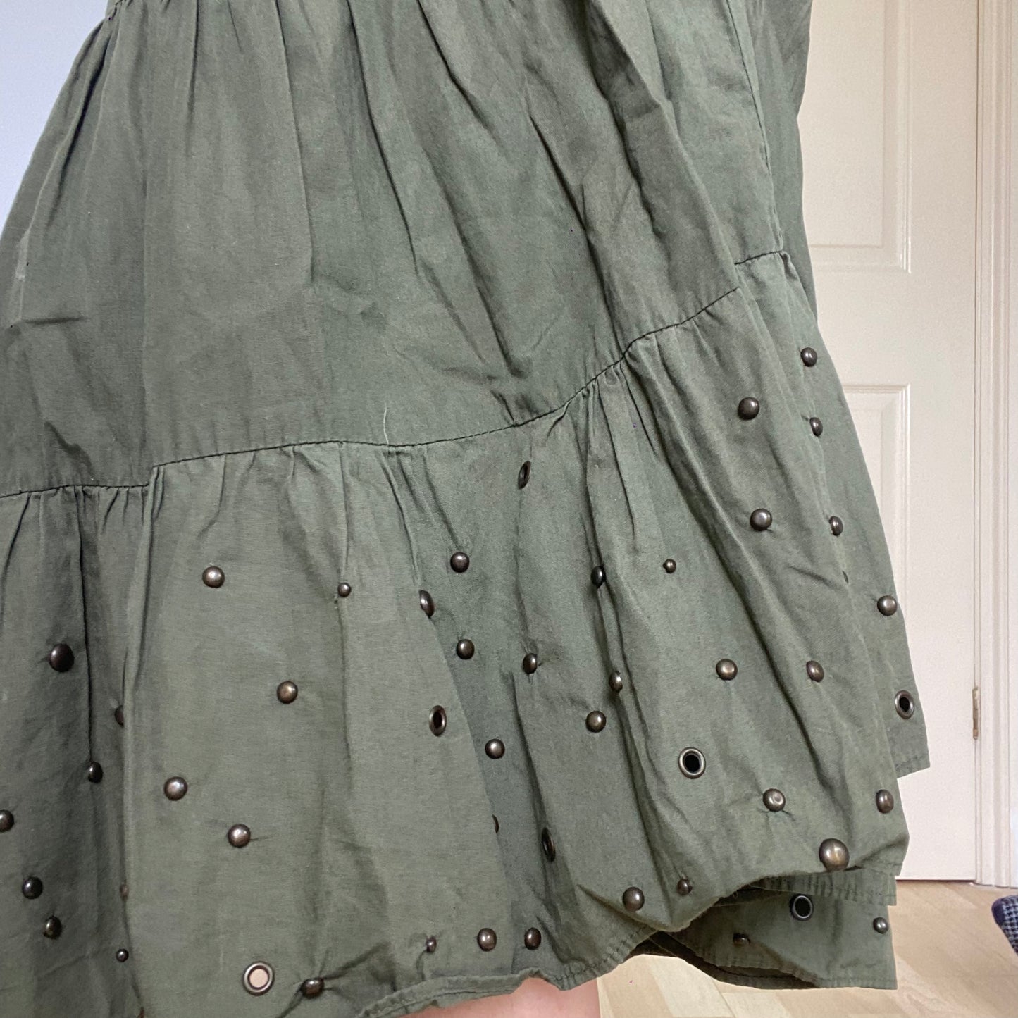 Boho tiered eyelet, studded maxi skirt