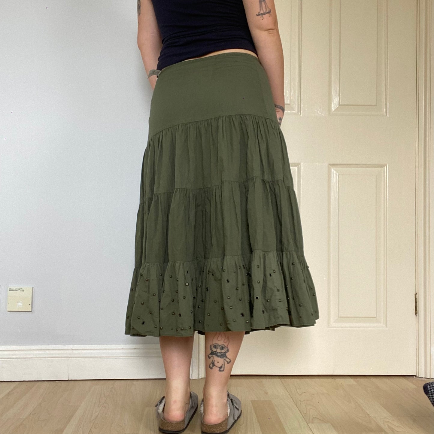 Boho tiered eyelet, studded maxi skirt