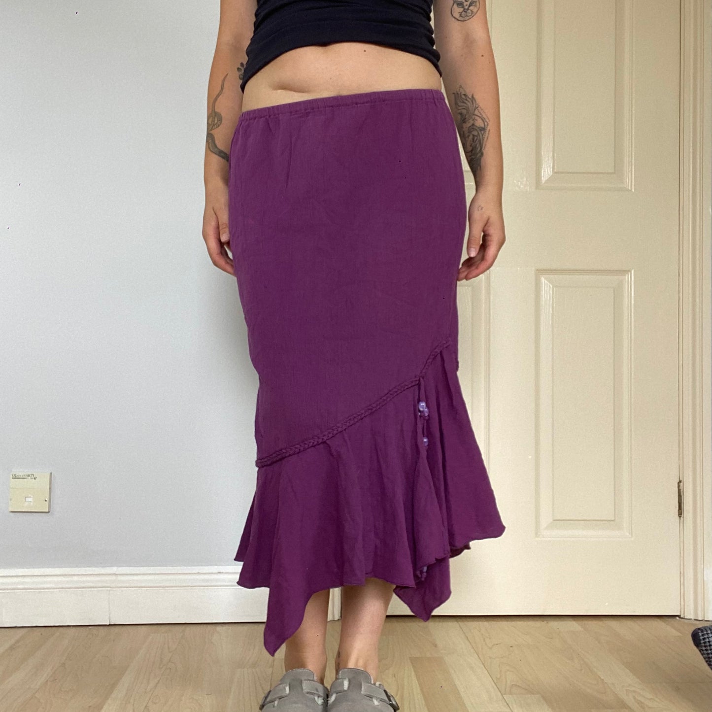 Asymmetric beaded midi skirt