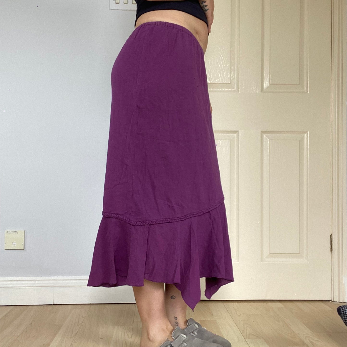 Asymmetric beaded midi skirt
