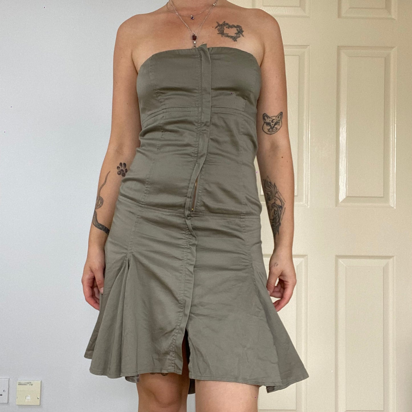 strapless pleated zip up dress