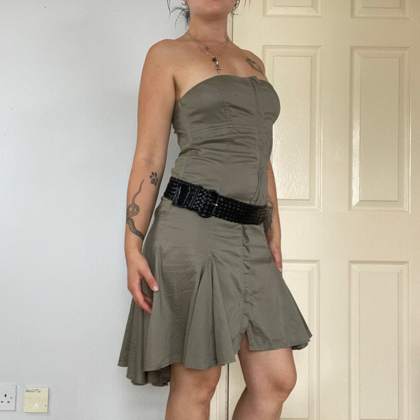 strapless pleated zip up dress