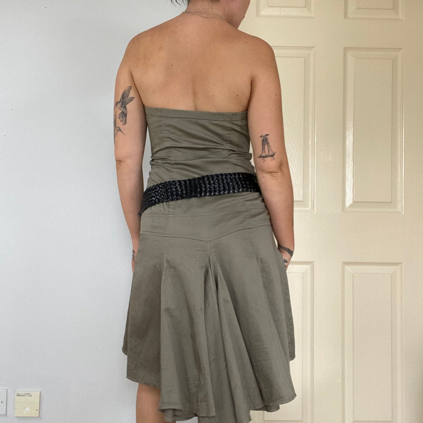 strapless pleated zip up dress