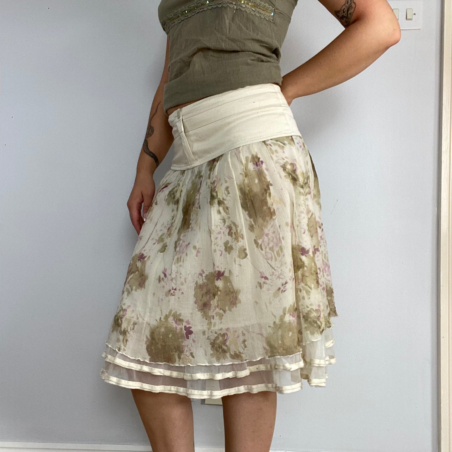vintage floral silk midi skirt