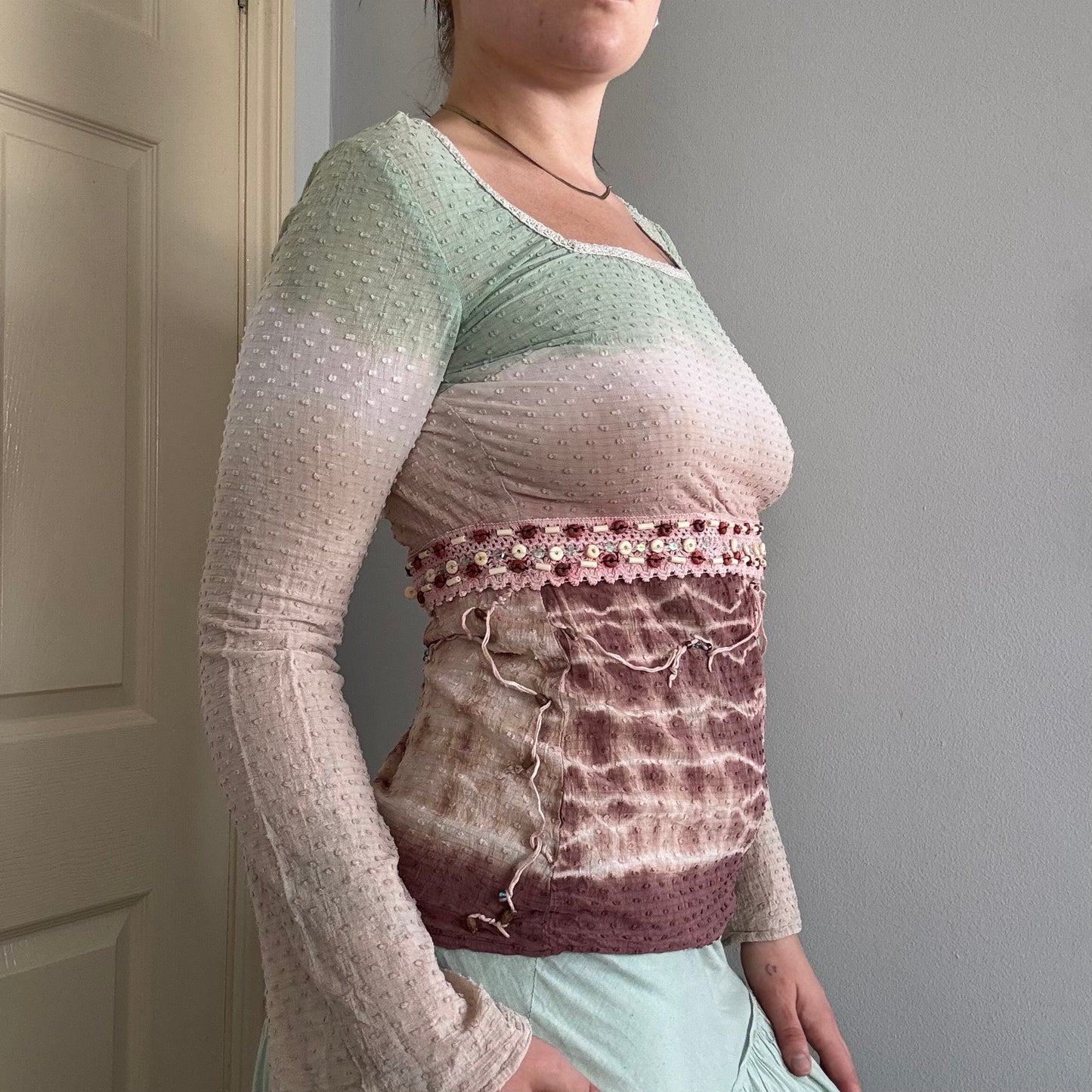 vintage beaded tie dye long sleeve top