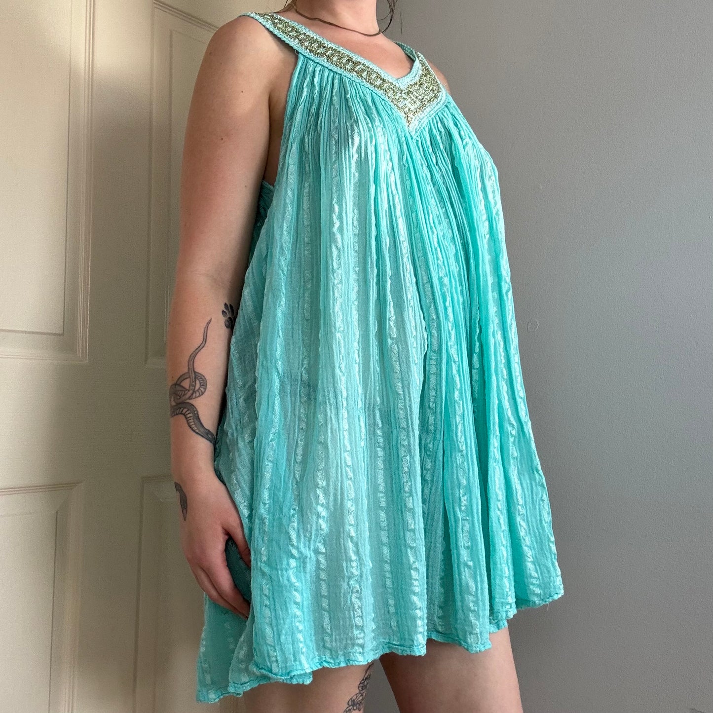 vintage turquoise flowy babydoll mini dress