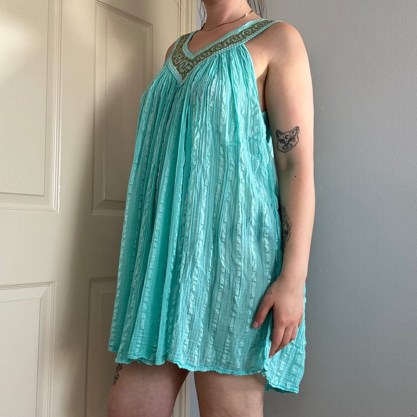 vintage turquoise flowy babydoll mini dress