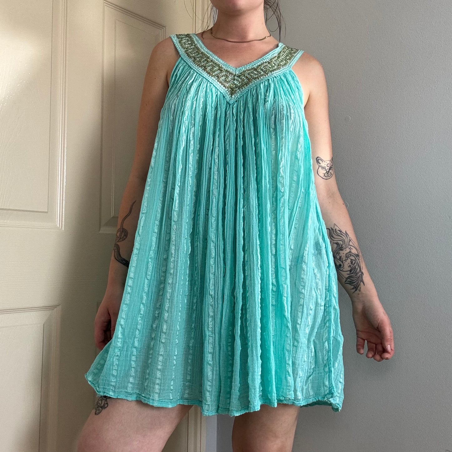 vintage turquoise flowy babydoll mini dress