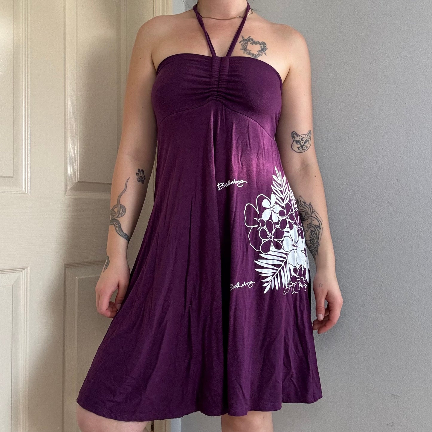 billabong halterneck a line purple beach dress with floral print 