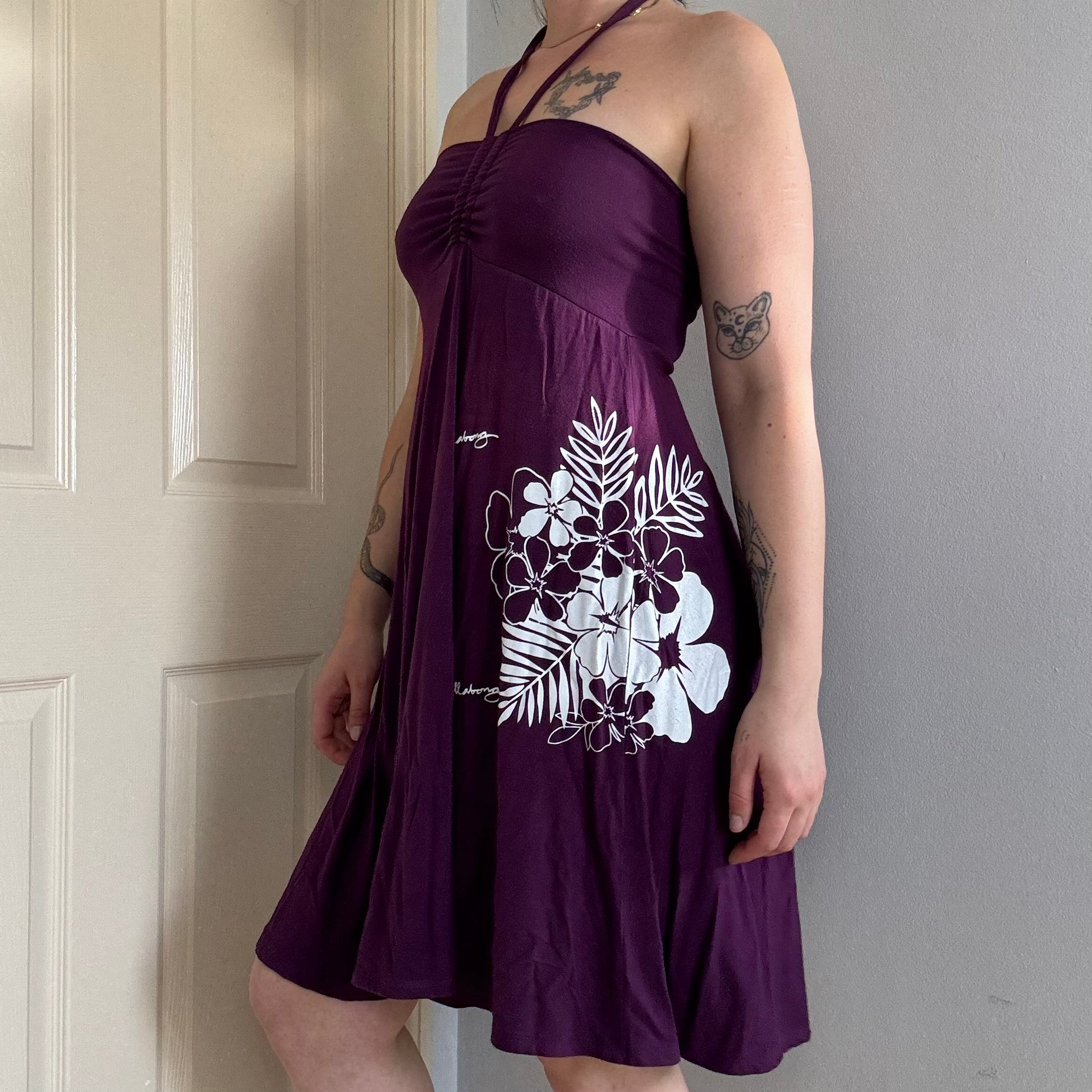 billabong halterneck a line purple beach dress with floral print 