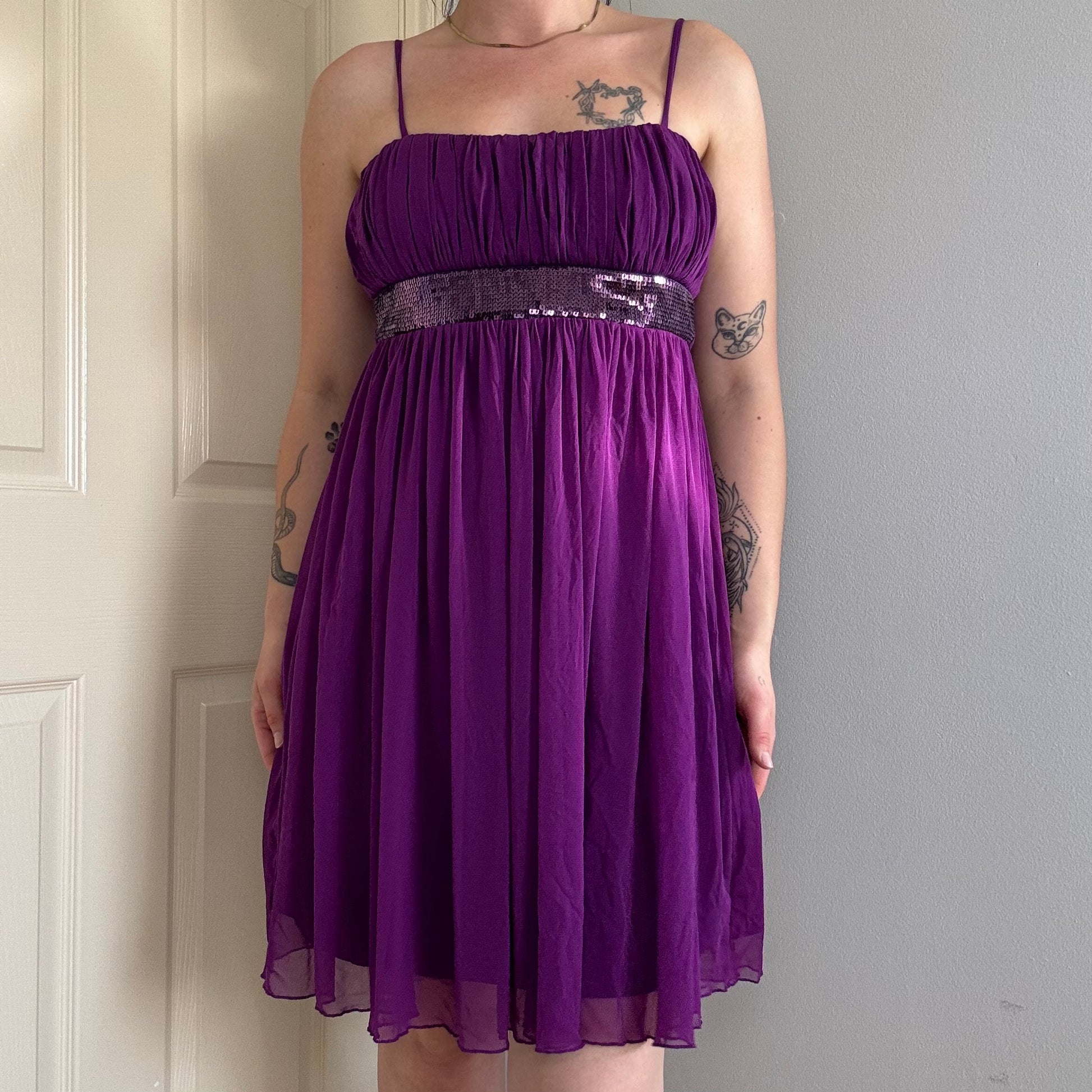 y2k purple mesh babydoll mini dress with spaghetti straps and sequins