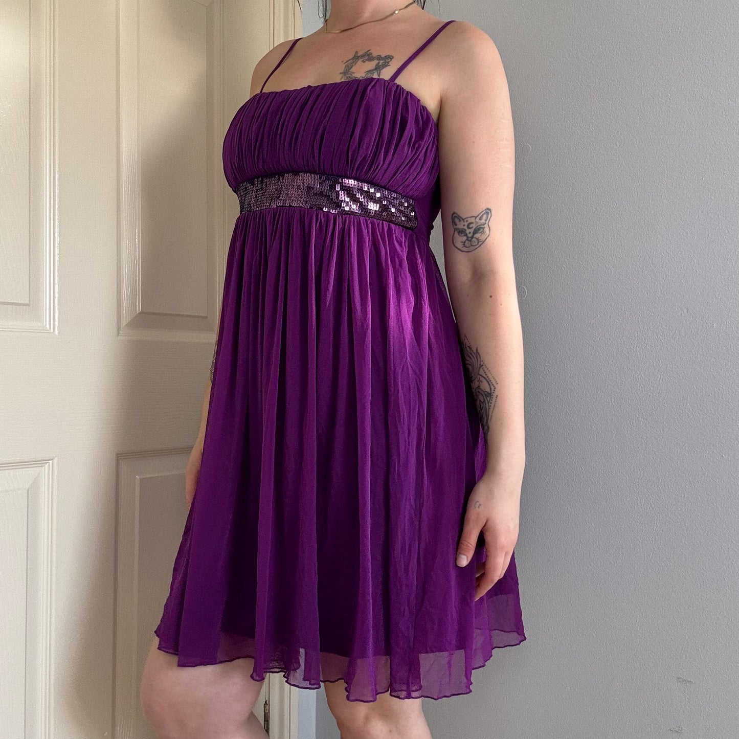 y2k purple mesh babydoll mini dress with spaghetti straps and sequins