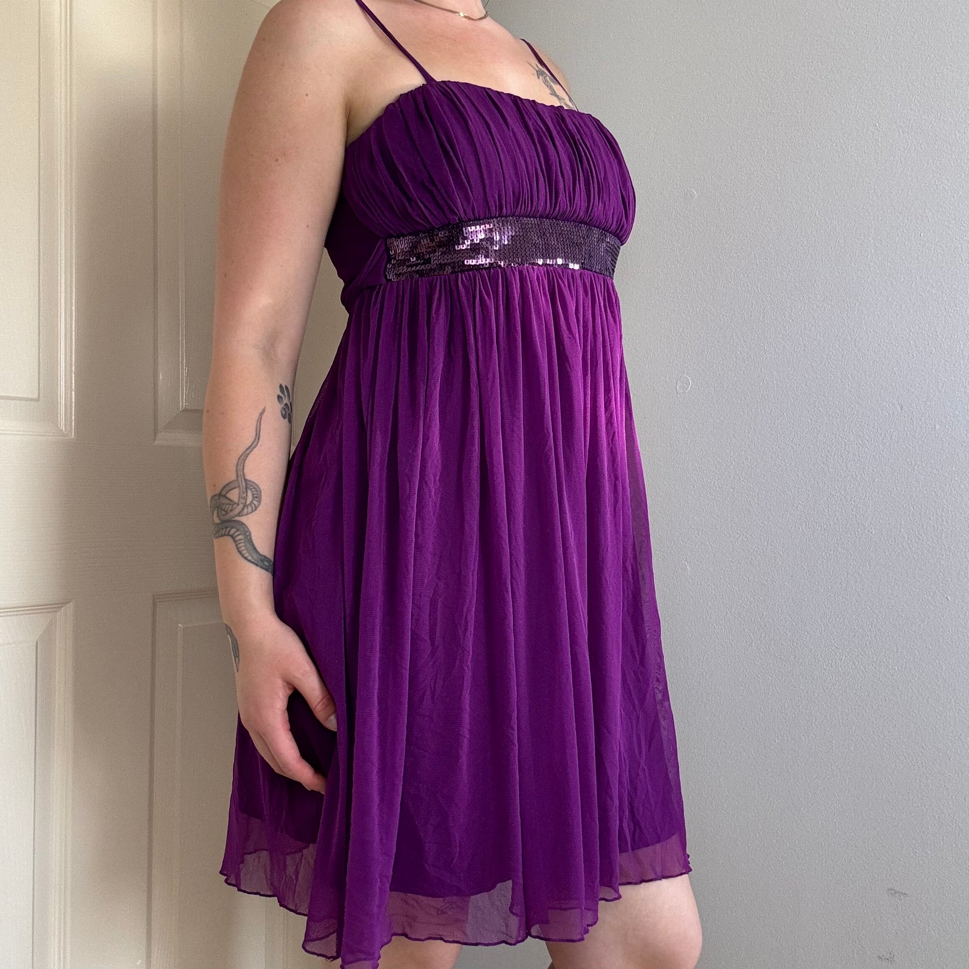 y2k purple mesh babydoll mini dress with spaghetti straps and sequins