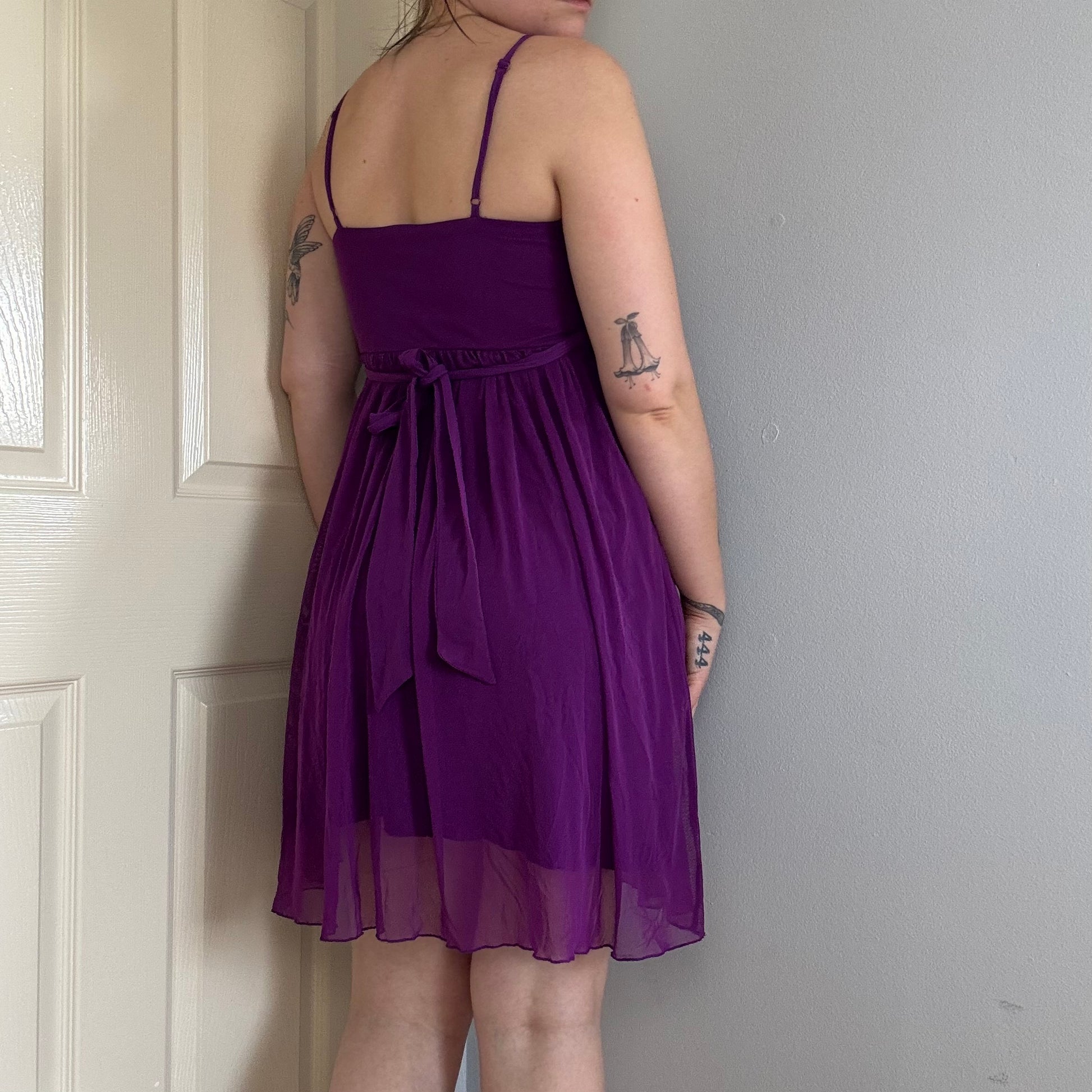 y2k purple mesh babydoll mini dress with spaghetti straps and sequins