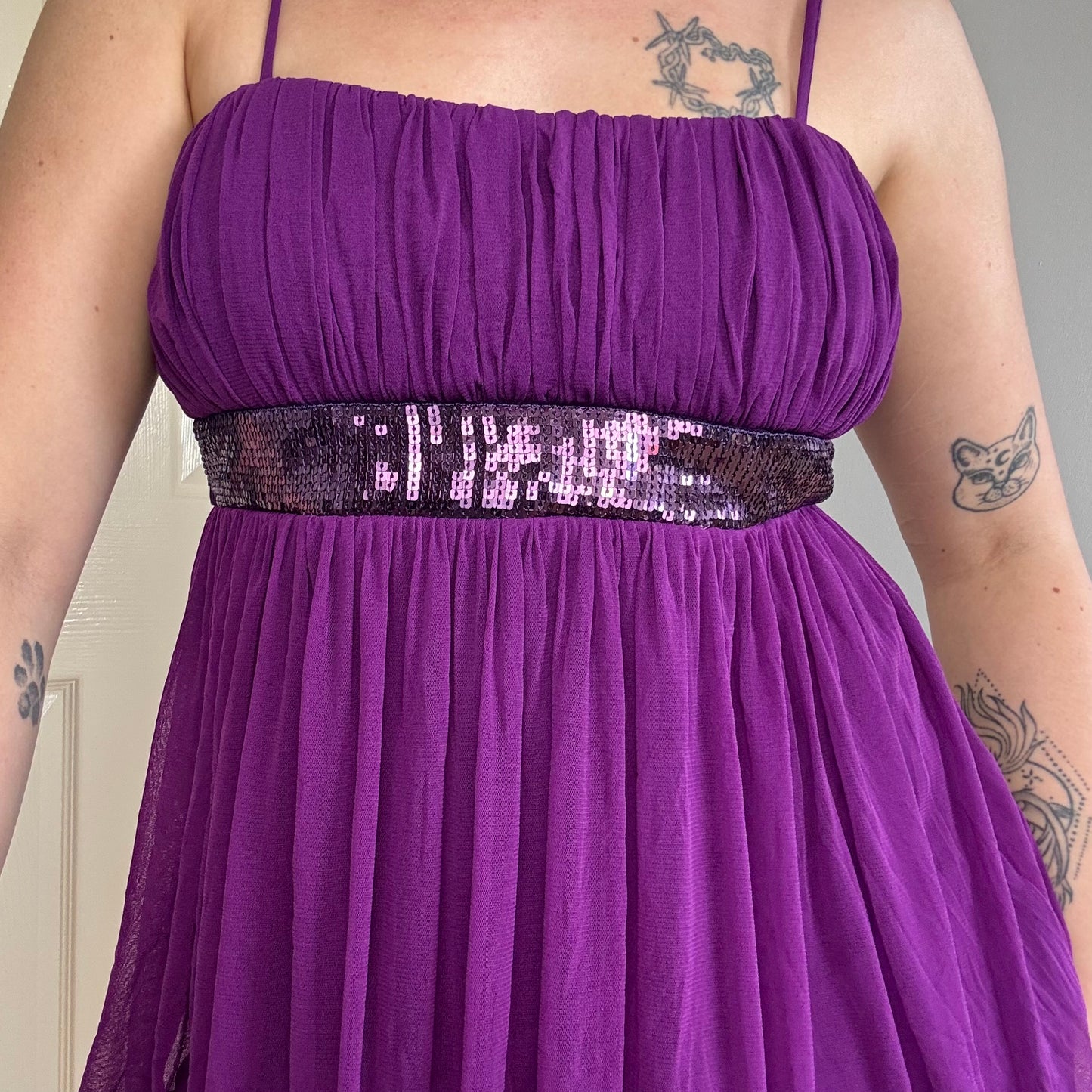 y2k purple mesh babydoll mini dress with spaghetti straps and sequins
