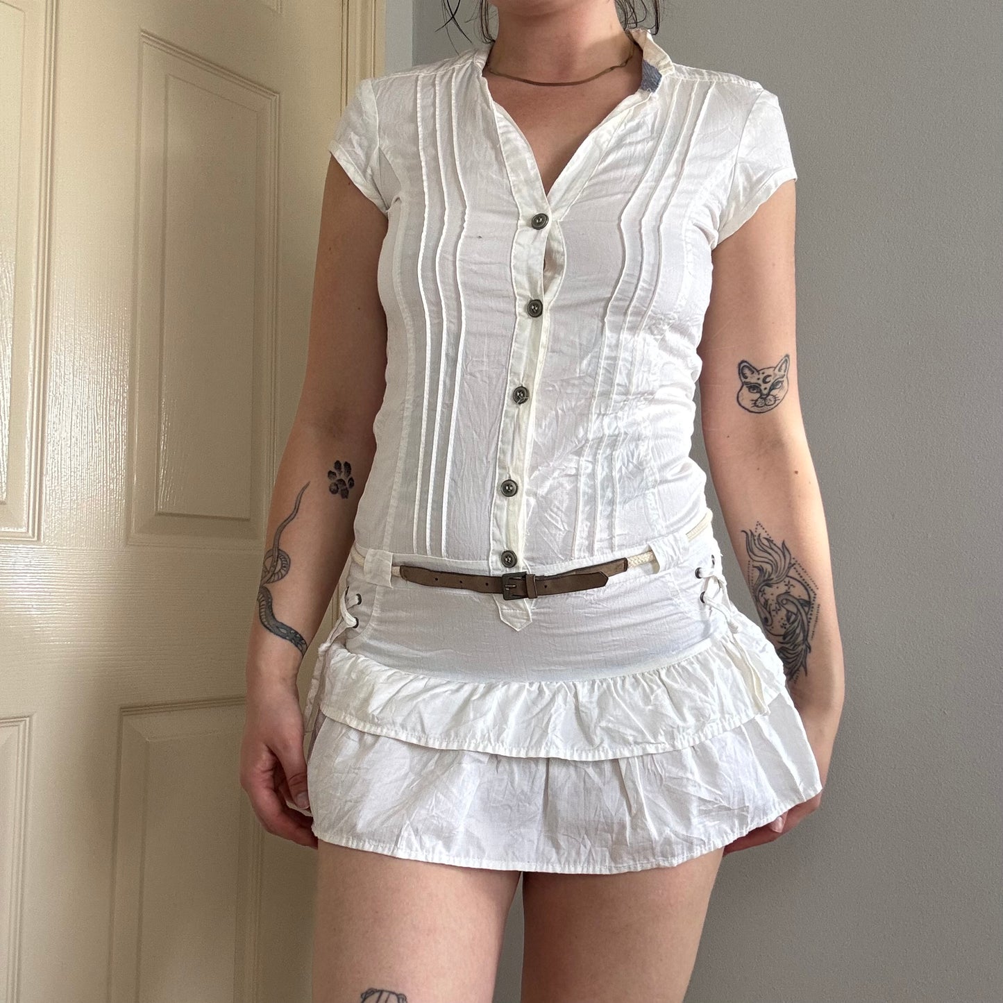 vintage utility ruffle cargo mini dress