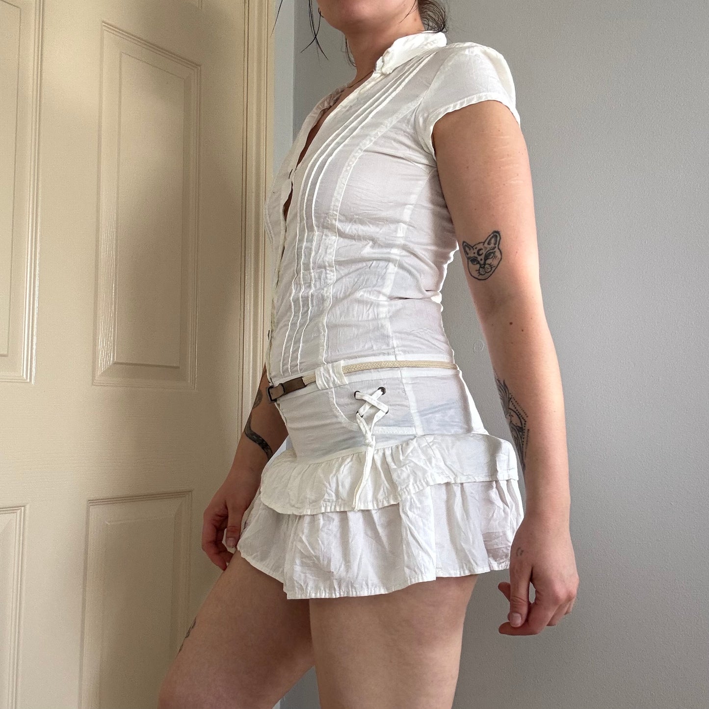 vintage utility ruffle cargo mini dress