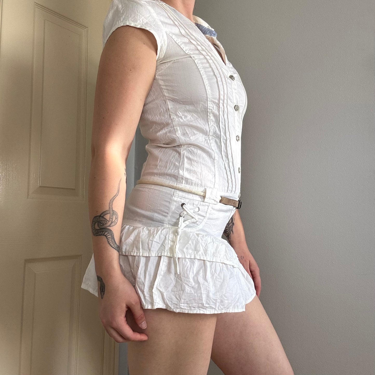 vintage utility ruffle cargo mini dress