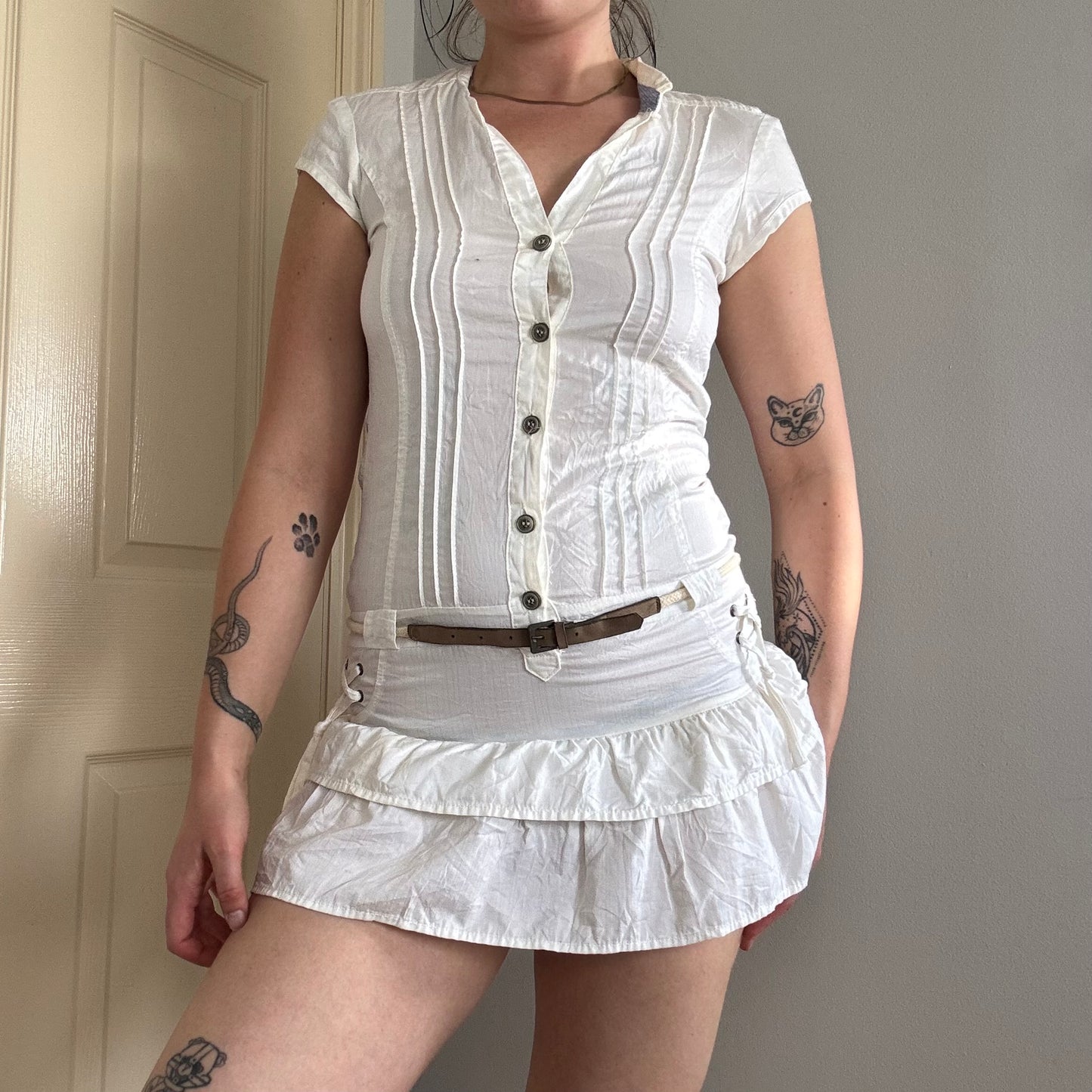 vintage utility ruffle cargo mini dress