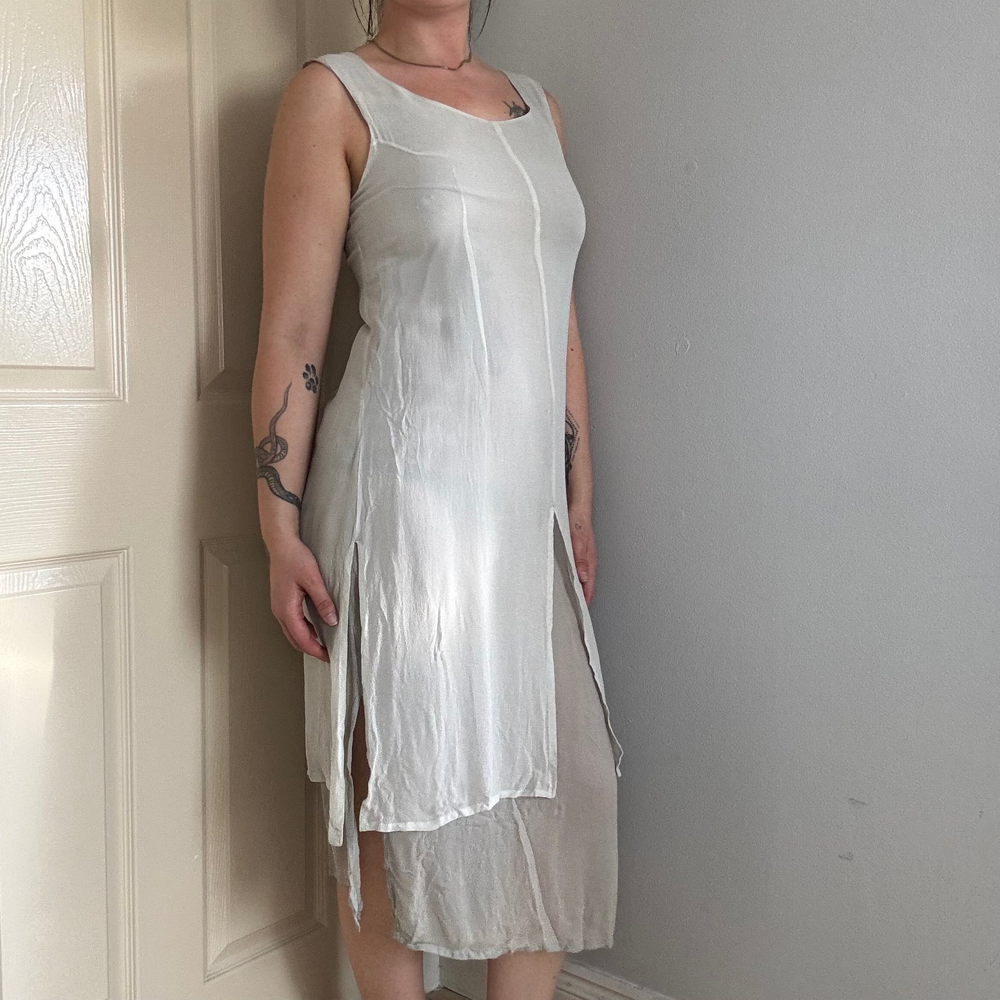 layered mesh midi dress