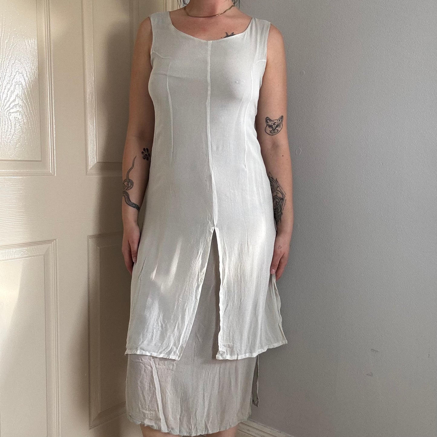layered mesh midi dress