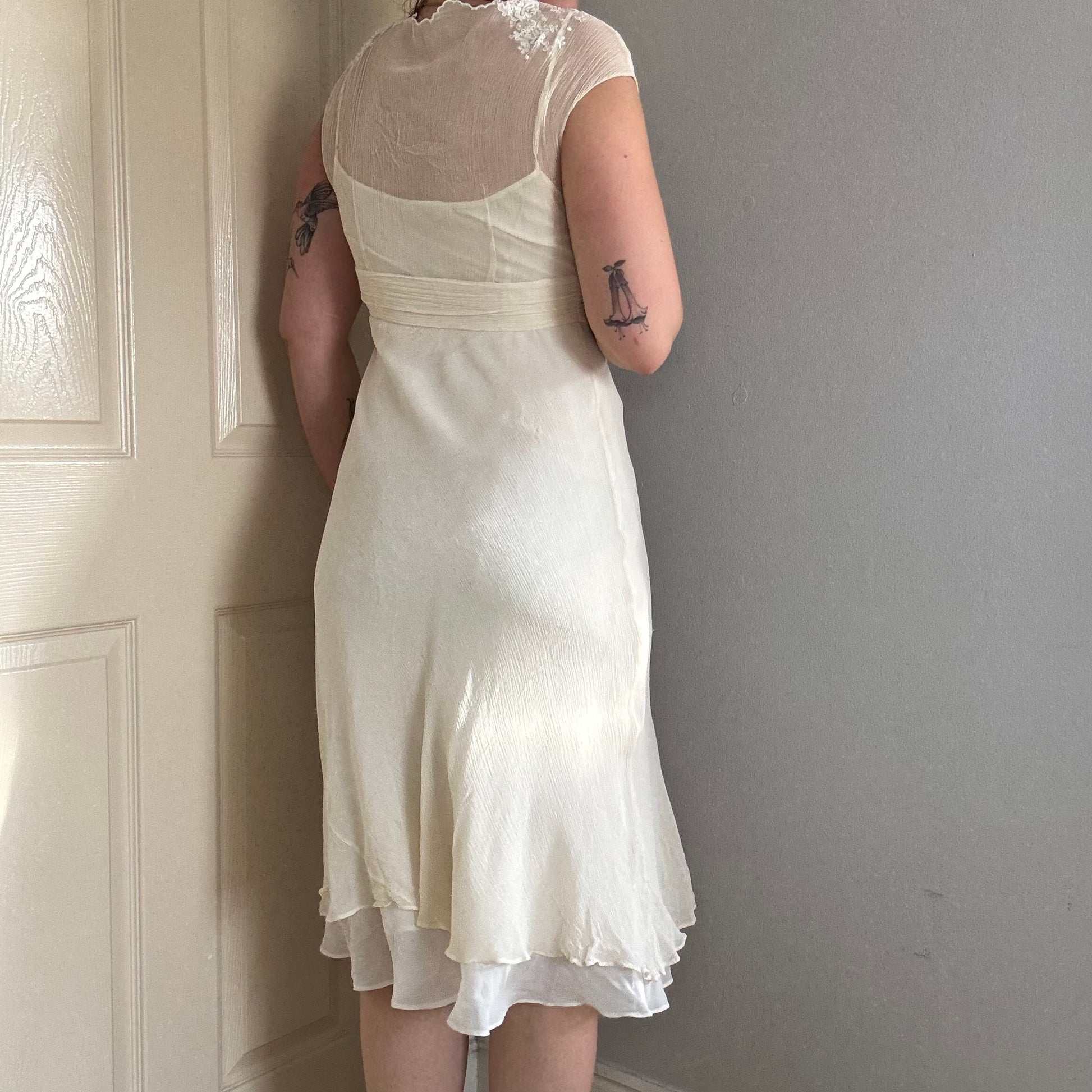 Person wearing a silk mesh embroidered dress.