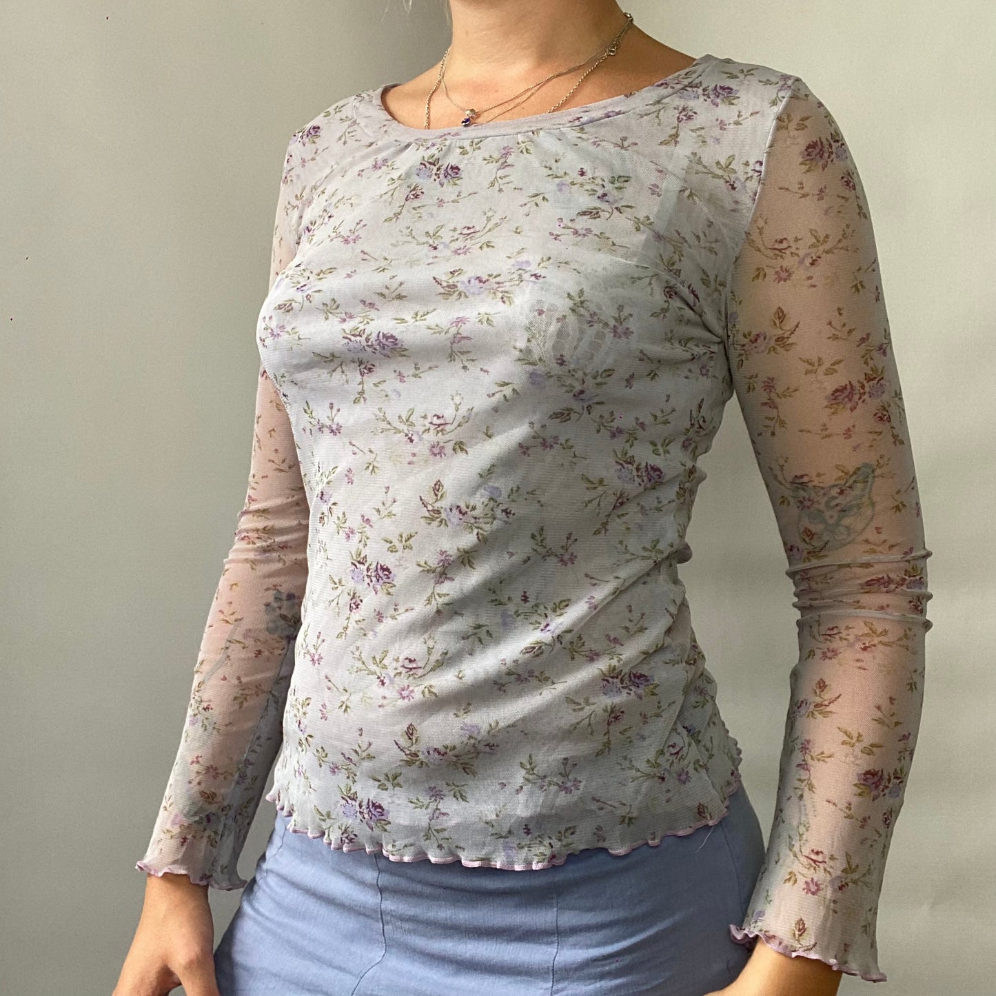 Floral mesh long sleeve top