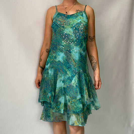 Fairy blue floral sequin mesh midi dress