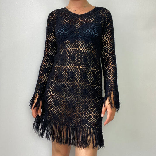 Black crochet fringe mini dress