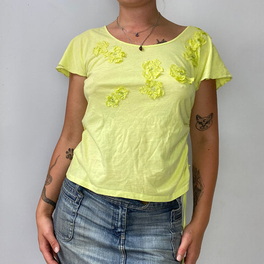 yellow ruched t-shirt with flower detailing