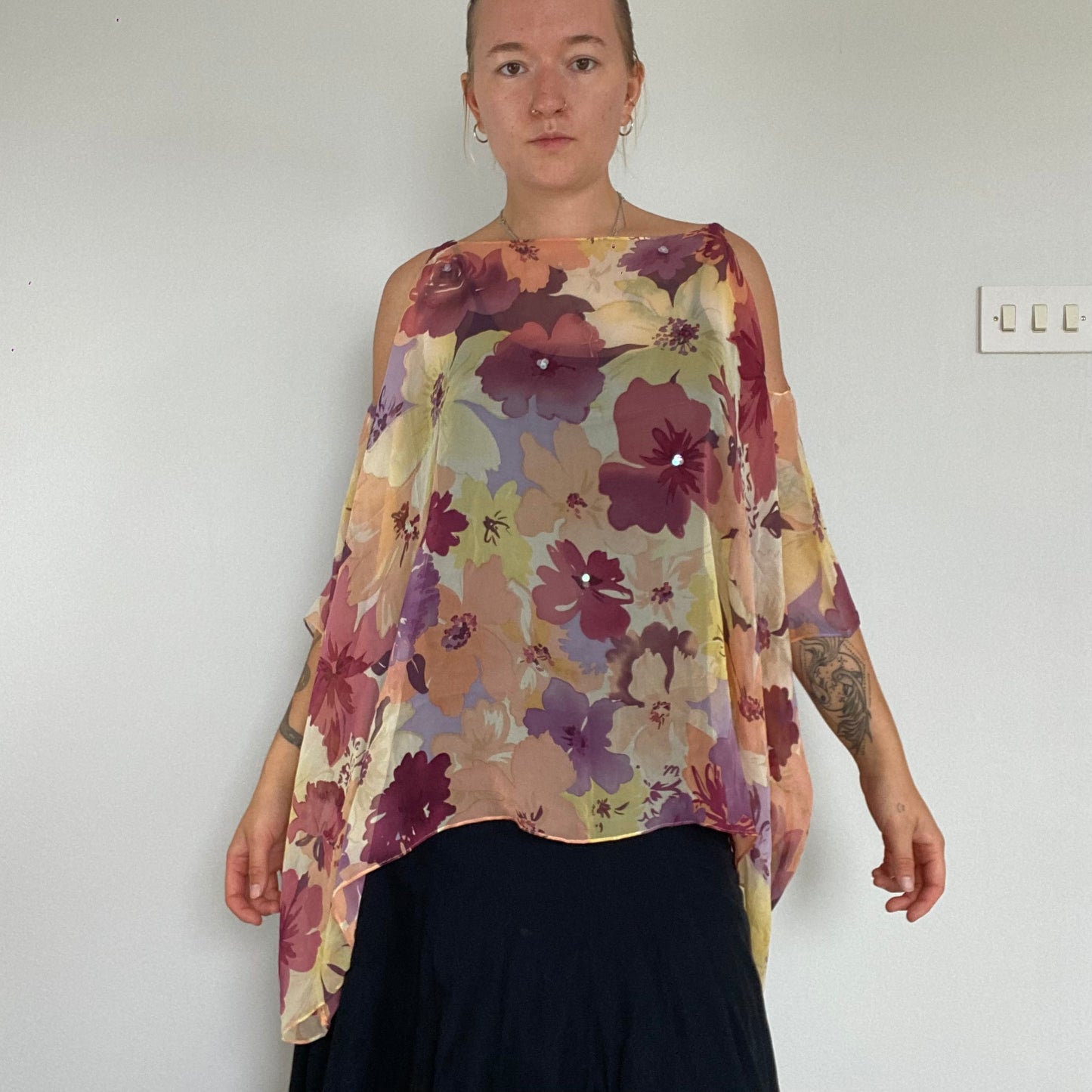 Silk flowy floral cold shoulder top