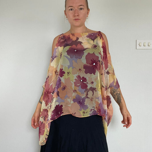 Silk flowy floral cold shoulder top