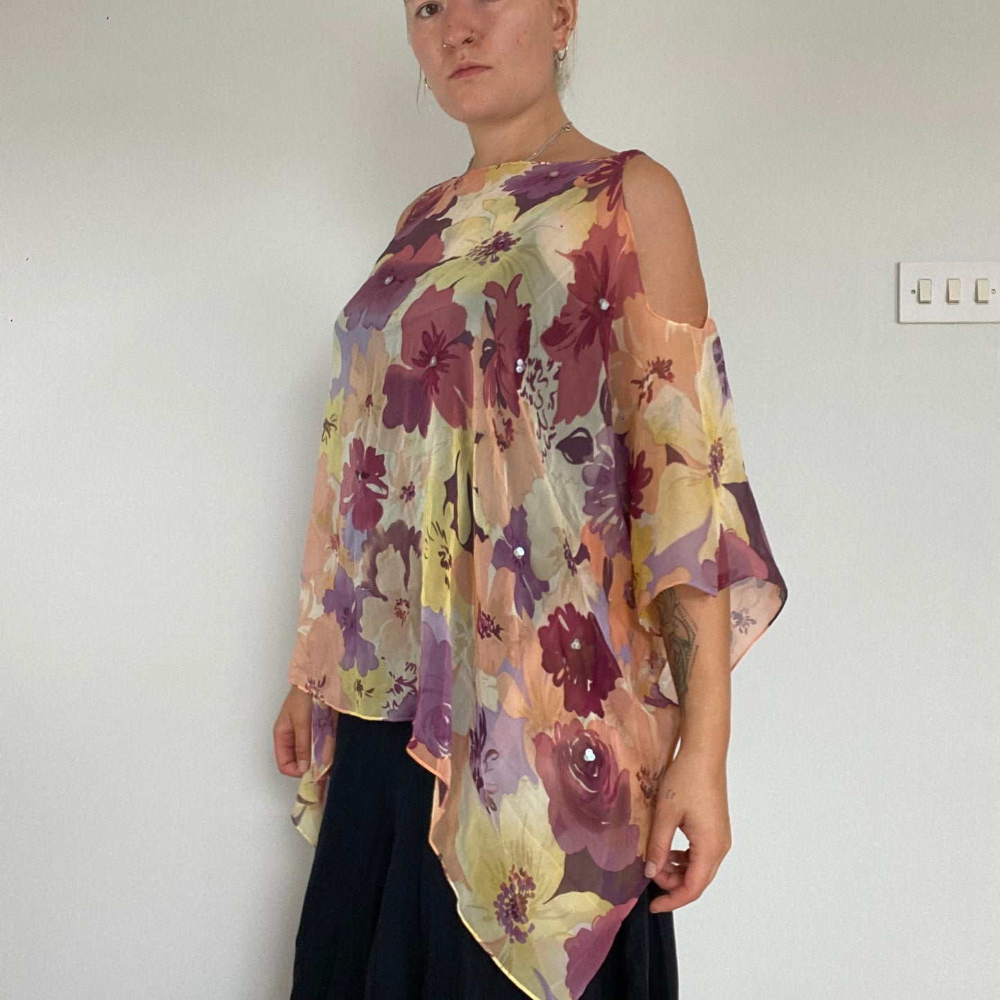 Silk flowy floral cold shoulder top