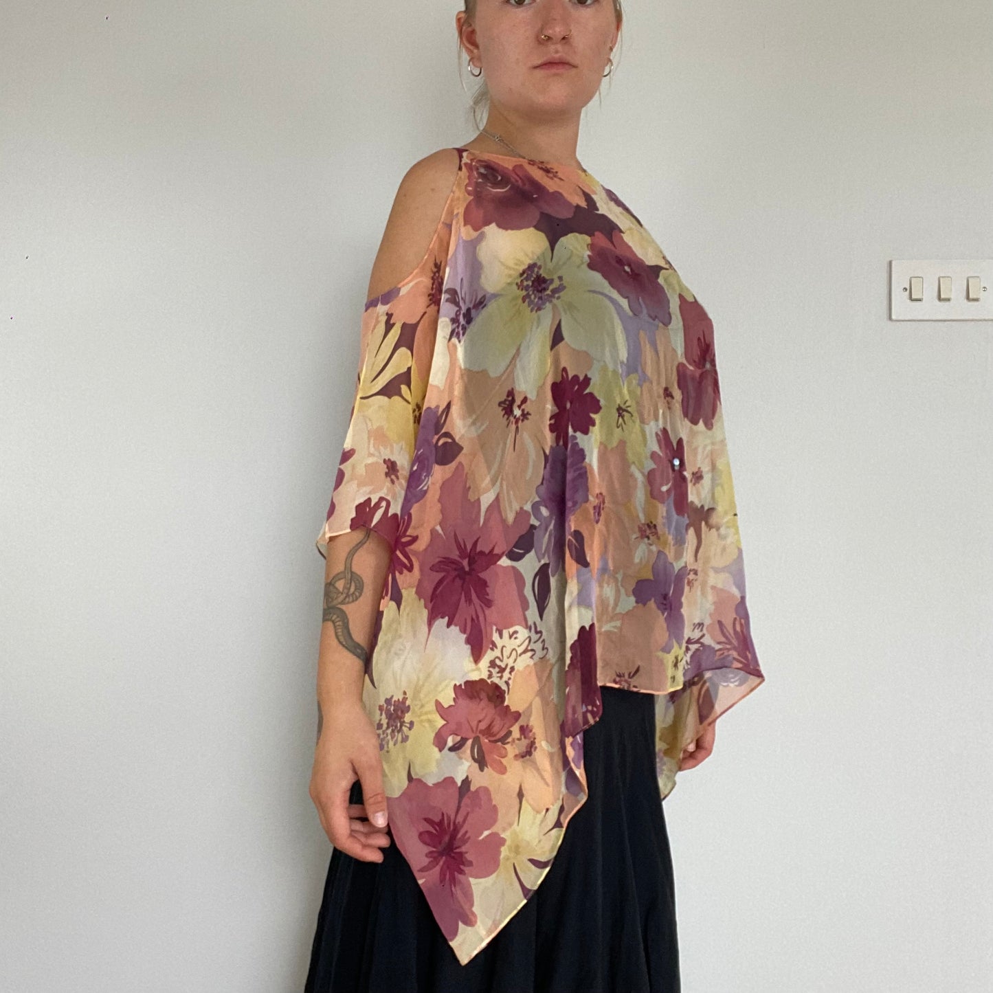 Silk flowy floral cold shoulder top