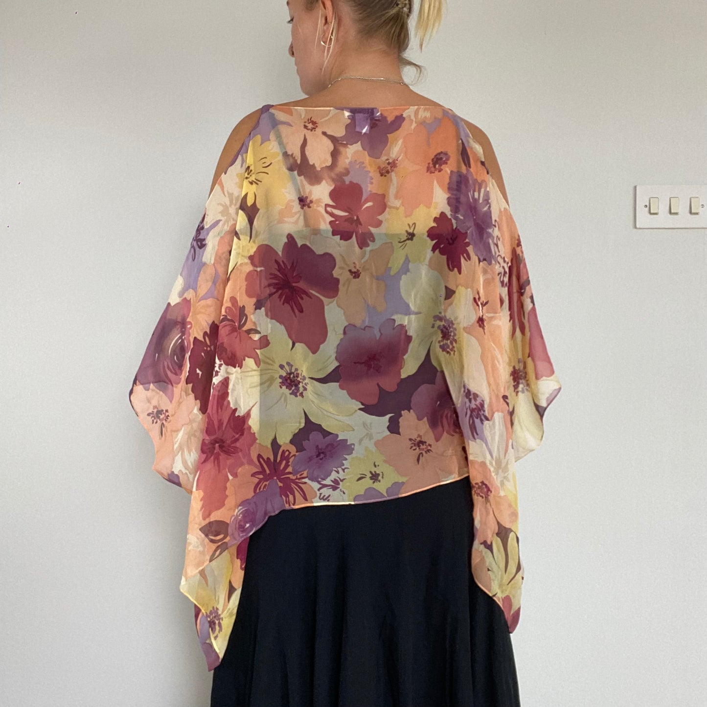 Silk flowy floral cold shoulder top