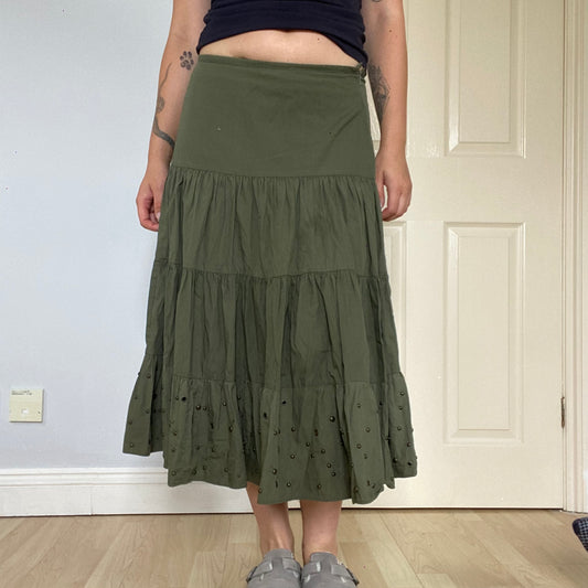 Boho tiered eyelet, studded maxi skirt