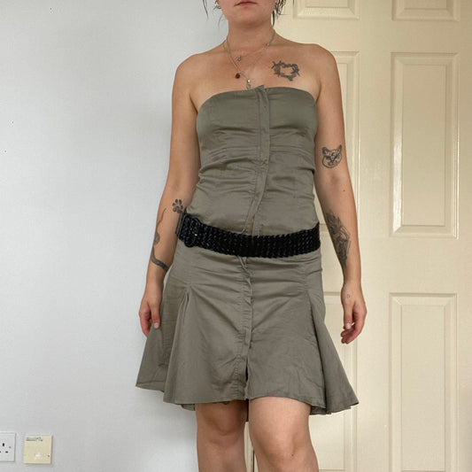 strapless pleated zip up dress