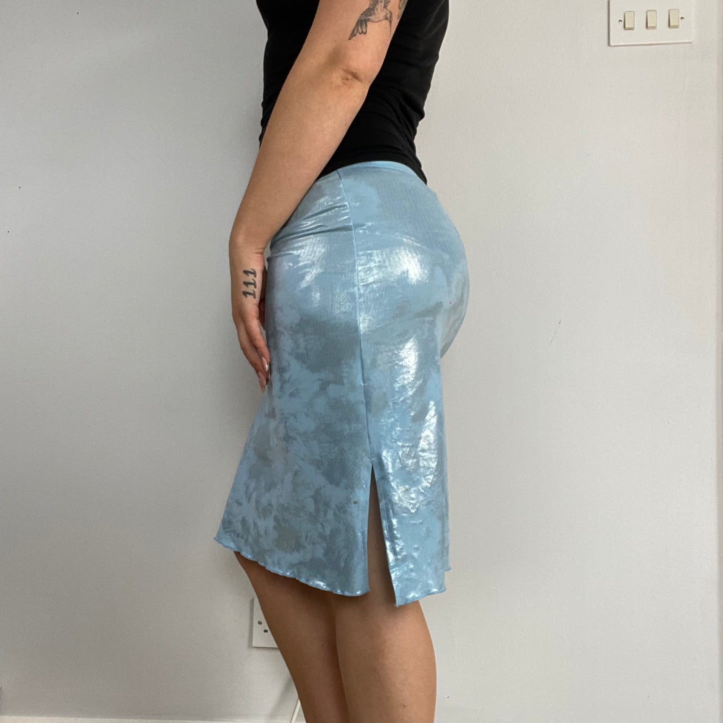 blue metallic midi skirt