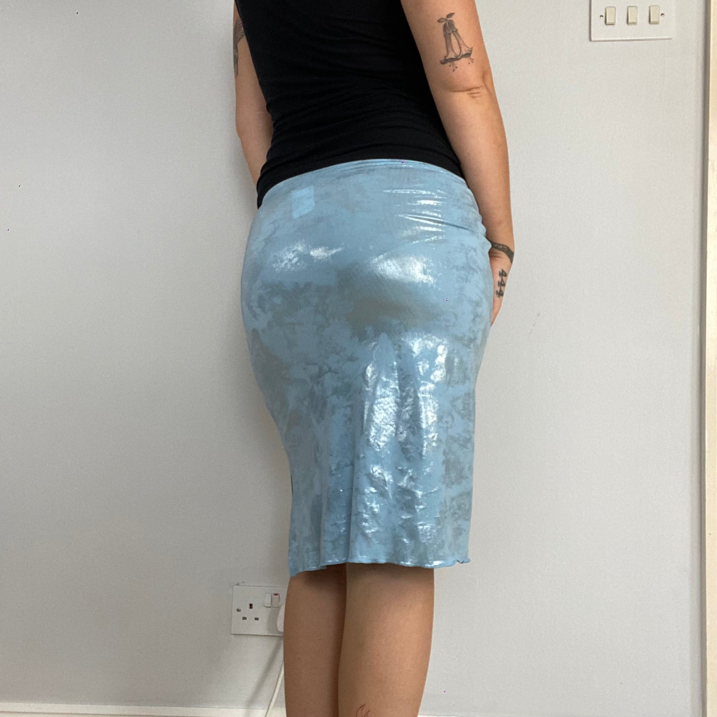 blue metallic midi skirt