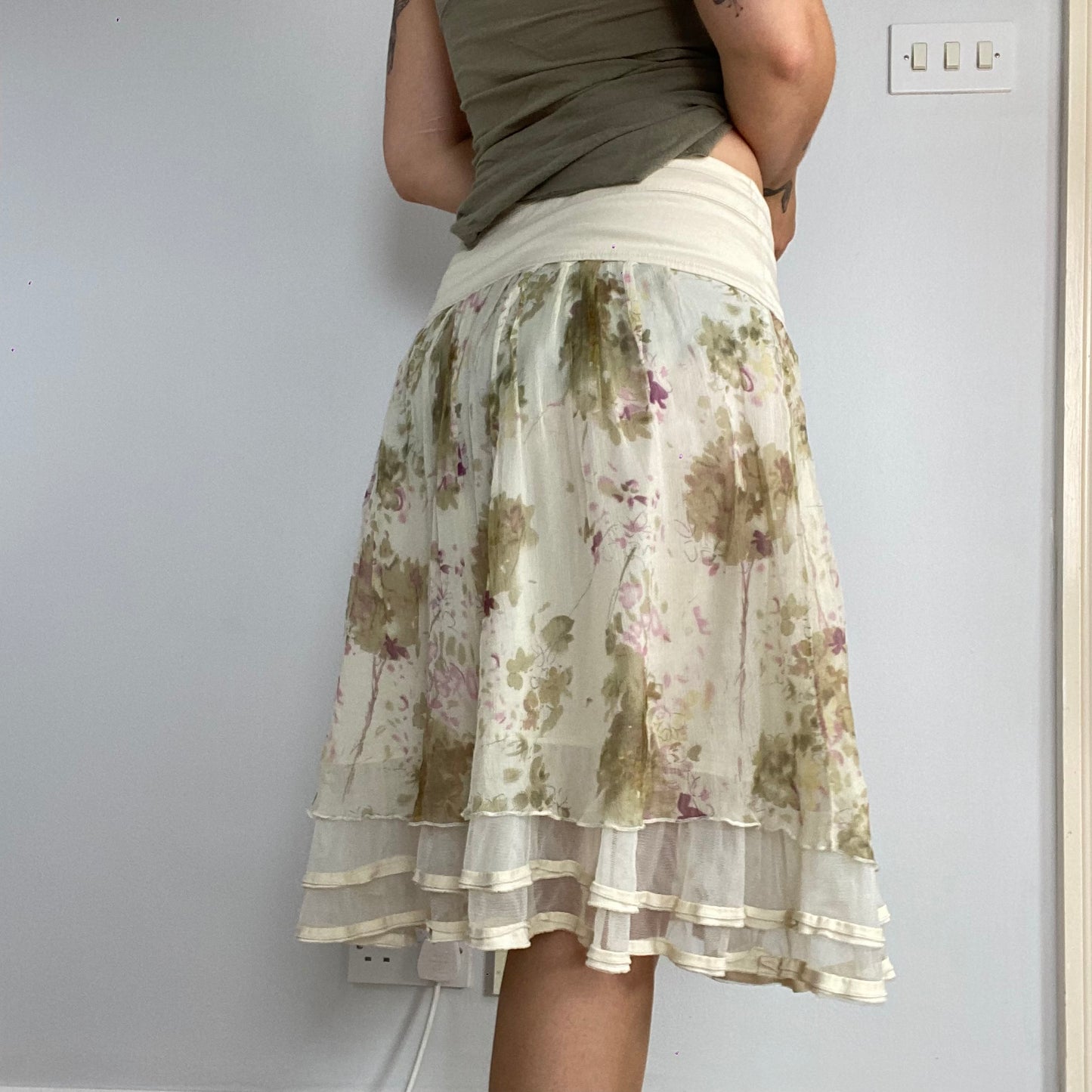 vintage floral silk midi skirt